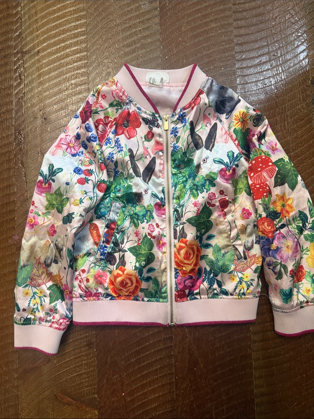 H&M Pink Floral & Bunny Print Bomber Jacket